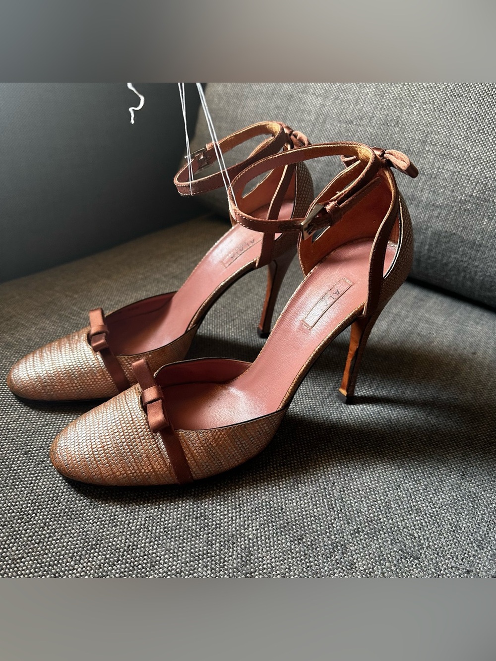 Alaia Bronze Brown Textured Leather Ankle-Strap High Heels